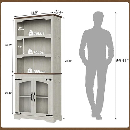 Tall Bookcase, 70 inch Height, 5-Tier Open Storage Shelf, 31.5 in Wide Standing Bookshelves for Home, Office, Bedroom, School, Library, 31.5W * 11.81D *70H (White Espresso, Glass Door)