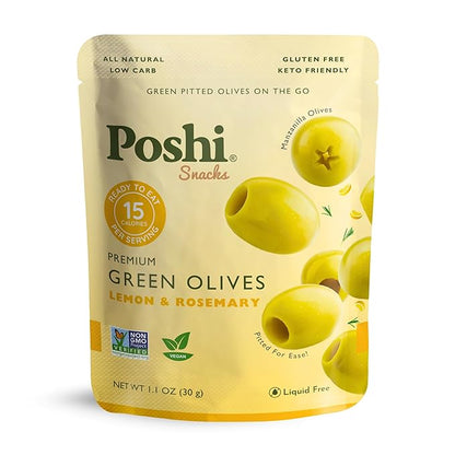 POSHI Green Pitted Olives - Lemon & Rosemary | Vegan, Kosher, Gluten Free + Keto Friendly, Fresh, All Natural Low Calorie Healthy Snacks | (30 Pack, 1.1oz Bags)