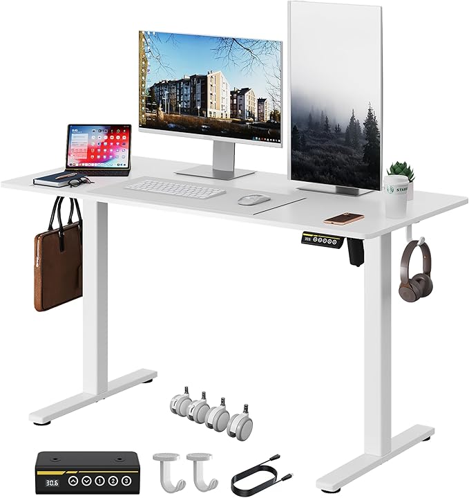 Electric Standing Desk 48"x24" Adjustable Height Stand Up Desk with Lockable Wheels Ergonomic Sit Stand Desk for for Work Office Home Computer Workstation (White)