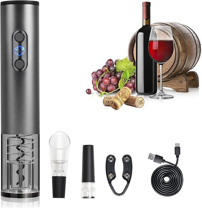 Electric Wine Bottle Opener Automatic Wine Opener Electric Corkscrew with Foil Cutter,Wine Pourer,Wine Stopper,USB-C Charge Cable, Christmas Gifts for Women Men Adults(Gray)