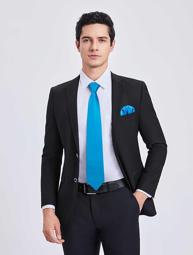 HISDERN Mens Solid Color Ties Formal Satin Necktie and Pocket Square Set Classic Wedding Business Tie & Handkerchief