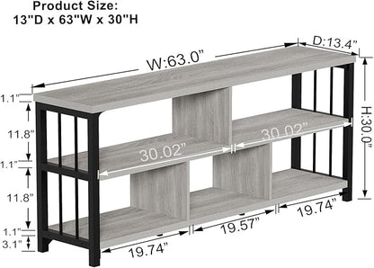 IBF Grey Bookshelf, Industrial 63” Long Open Book Shelf, Wide 5 Cube Gray Horizontal Bookcase for Home Bedroom, 3 Tier Wood Metal Low Cubby Storage Organizer Shelf for Living Room, Light Grey Oak