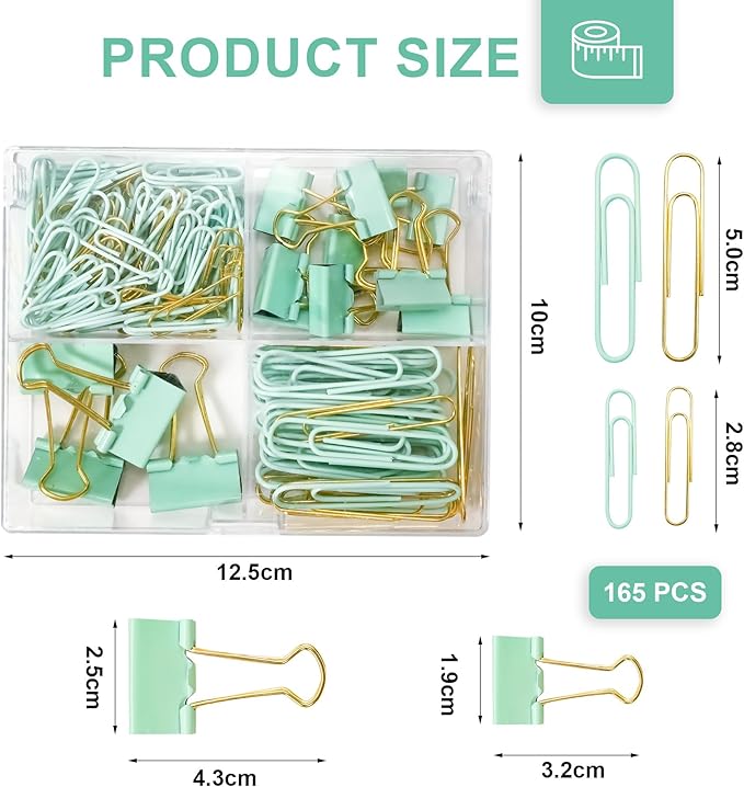Cute Paper Clips Binder Clips Set, 165 Pcs Assorted Size Paperclips Binder Clips Large & Small Size, Cute Office Supplies Set for School Supplies and Desk Essentials, Green