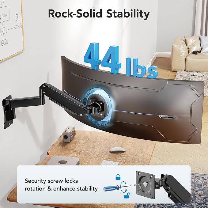 HUANUO 49 inch Ultrawide Monitor Wall Mount, Heavy Duty Screen Arm with Premium Aluminum, Supports up to 44 lbs, Wall Mount Monitor Arm for Height Adjustment, Tilt, Swivel, Rotate