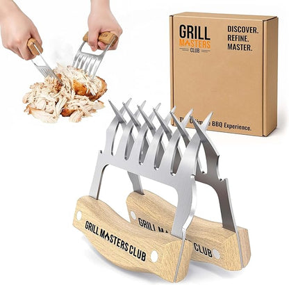 Grill Masters Club Meat Claws | Stainless Steel Pulled Pork Shredding Claws with Wooden Handle | BBQ Meat Claw for Shredding, Lifting & Serving Pork, Brisket | Perfect Grilling Gift for Men & Women