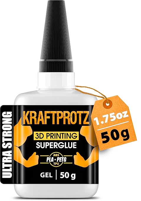 3D Printer Super Glue Gel – XXL 50g / 1.76oz Industrial Strength – Bonds PLA, ABS, PETG, TPU & Nylon – Extra Strong, Waterproof & Heat-Resistant – Anti-Clog Tip – KRAFTPROTZ Adhesive for 3D Prints