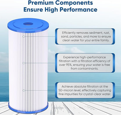 PUREPLUS 50 Micron 10" x 4.5" Whole House Pleated Sediment Filter for Well Water, Replacement Cartridge for GE FXHSC, Culligan R50-BBSA, Pentek R50-BB, DuPont WFHDC3001, W50PEHD, GXWH40L, 3Pack