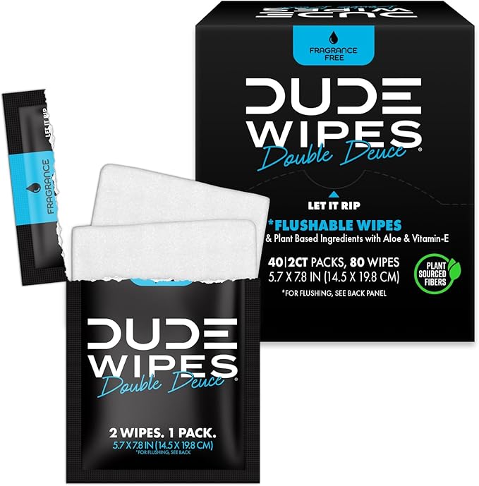 DUDE Wipes - Double Deuce - Two-In-One On-The-Go Flushable Wipes - 2 Pack, 80 Count - Unscented Extra-Large Individually Wrapped with Vitamin E & Aloe - Septic and Sewer Safe