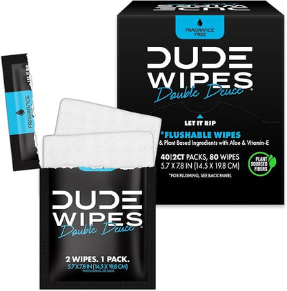 DUDE Wipes - Double Deuce - Two-In-One On-The-Go Flushable Wipes - 2 Pack, 80 Count - Unscented Extra-Large Individually Wrapped with Vitamin E & Aloe - Septic and Sewer Safe