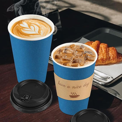 50 Pack 20 oz Coffee Cups with Lids, Disposable To Go Paper Coffee Cups with Sleeves and Stirring Sticks for Hot/Cold Drinks Office Home Shop Event (Navy)
