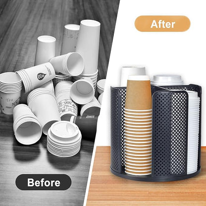 Cup and Lid Organizer, 360° Rotatable Coffee Cup Holder for Disposable Plastic and Paper Cups of 5 to 16 oz, 4 Compartments Detachable Countertop Cup Dispenser Coffee Station, Black