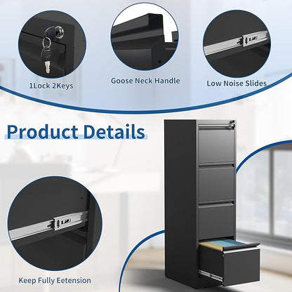 4-Drawer Locking Vertical File Cabinet, Metal Storage Cabinet for Office/Home – Secure Vertical Filing for Letter/Legal/A4/F4 Documents, Easy to Assemble Steel Cabinet (Black, 4 Drawer-52 H)