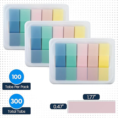 Essex Wares - 300 Pieces - Transparent Sticky Notes Tabs with Case - 5 Boho Colors - 3 Cases - 1.8" x 0.4" - 60 Pieces Each Color - Pop Up Index Tabs - Book Flags for Annotating - Book Sticky Tabs
