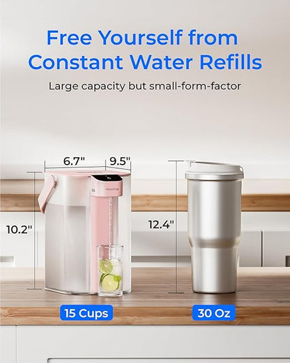 Waterdrop Electric Water Filter Pitcher, Reduce 99.6% of Lead and 45+ Impurities, 200-Gallon Rechargeable Water Dispenser, Instant 15-Cup Countertop System, NSF/ANSI 401&53&42&372, Pink