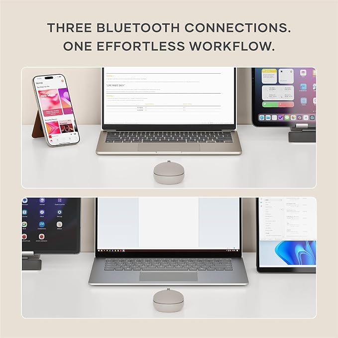 Satechi OntheGo Bluetooth Mouse with USB C Rechargeable Battery, Connect up 3 Devices, Compact and Portable Wireless Mouse for Laptop, Computer, Tablet – Sand