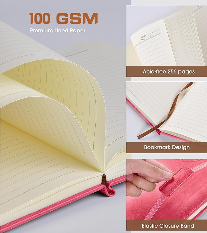 Lined Journal Notebook for Women Men,256 Pages A4 Large Hardcover Leather Journals for Writing,Travel,Business,Work,School,College Ruled Notebooks for Note Taking,Diary Notepad 8.6"×11" (pink)