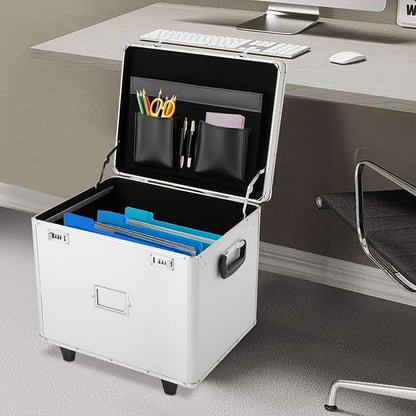 Portable File Box on Wheels Hand Pull Locking Mobile Business Case with Handle Rolling File Organizer Storage Box with Lock Modern Wheeled File Cabinet Filing Cabinets for Office Documents, Silver