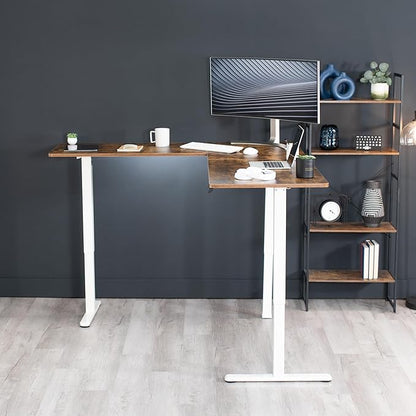 VIVO Electric Corner 75 x 63 inch L-Shaped Standing Desk, Memory Height Adjustment, Rustic Vintage Brown Top White Frame, DESK-E3CTWN-75