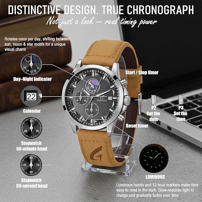 Distinctive Mens Analog Chronograph Watches with Auto Date & Multi Subdials, Fashion Casual Sport Quartz Wrist Watches with Luminous, 3ATM Waterproof, Valentines Day Gifts for Him, Boyfriend, Husband, Dad