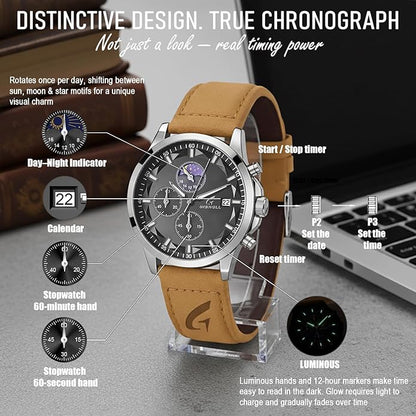 Distinctive Mens Analog Chronograph Watches with Auto Date & Multi Subdials, Fashion Casual Sport Quartz Wrist Watches with Luminous, 3ATM Waterproof, Valentines Day Gifts for Him, Boyfriend, Husband, Dad