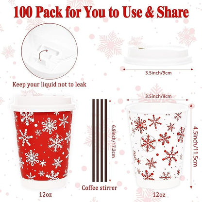 100 Count Snowflake Paper Cups 12 oz Christmas Paper Cups Disposable Red Snowflake Coffee Cups with Leak Proof Lids and and Stirrers Extra Thick Insulated Beverage Cups for Hot & Cold Liquids