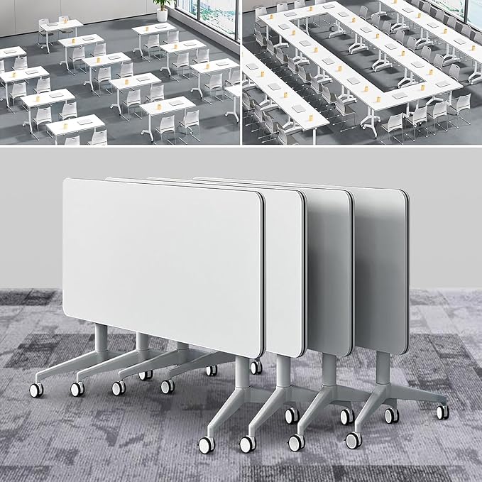 Conference Table, Folding Conference Room Tables on Wheels, Modern Meeting Seminar Table Computer Desk, Boardroom Desk for Office Meeting Conference Room,White,2 Pack 63inch