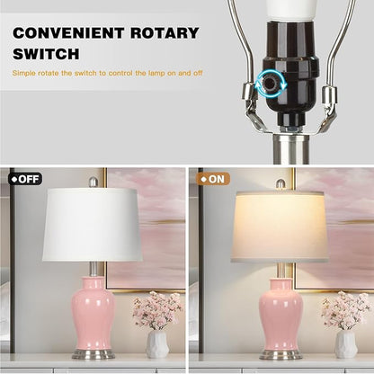 23" Pink Ceramic Table Lamps for Living Room, Modern Ceramic Lamps with Ginger Jar Design, Cute Bedside Lamp Set of 2, Elegant Bedroom Lamp for Nightstand Dining Room Side End Table Homedecor