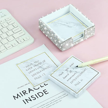 Buqoo Rhinestone Note Holder, Post It Note Dispenser Desk Organizer 4 x 4 Inches, Bling Postit Note Dispenser Post It Note Holder for Home Desk Office Supplies (Silver)