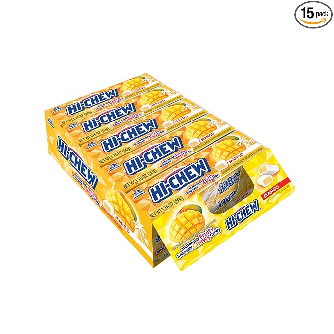 HI-CHEW Mango Sticks, 15-Pack, Soft & Chewy Candy, 1.76oz Each, Bulk Candy Individually Wrapped - Made with Immensely Juicy Fruity Flavors