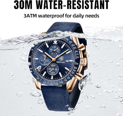 BY BENYAR Watch for Men Analog Quartz Chronograph Waterproof Luminous Designer Mens Wrist Watches Business Work Sport Casual Dress Watch with Silicone Strap Elegant Gifts for Men