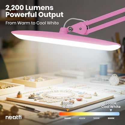 Neatfi XL LED Desk Lamp with Clamp, 2200 Lumens, 20W, 20-Inch Wide Head, Dimmable 4 Brightness Levels, 3 Color Modes 3000K–6000K, Task Light for Home Office, Crafts, Workbench (CCT, Pink)