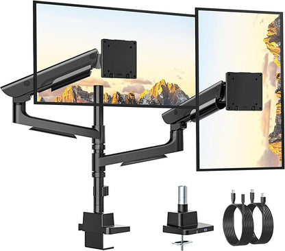 monTEK Sleek Aluminum Monitor Arm for 17–57” Ultrawide Screens up to 59 lbs, USB 3.0 A/C, Heavy Duty Dual Monitor Arm Desk Mount, Pneumatic Lift, Quick-Release Plate, Clamp/Grommet, Max VESA 100x100