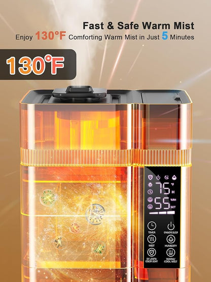 13L/3.4Gal Humidifiers for Bedroom, Ultrasonic Warm & Cool Mist Humidifier Large Room, Covers 800ft², 72H Runtime, 24H Timer, 3 Mist Modes Top Fill Quiet Humidifiers for Home, Office, Black