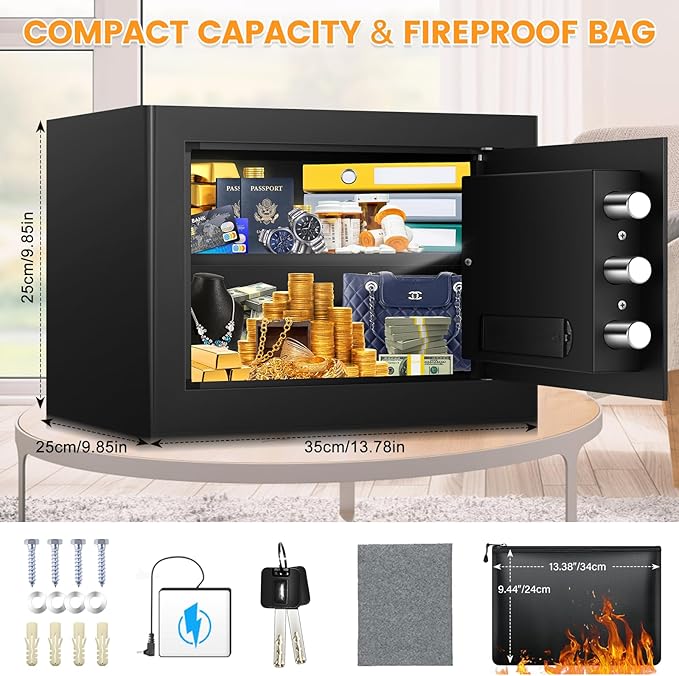 9.84" Tall Small Fireproof Safe Box, 1.2 Cu Ft Security Home Safe with Fireproof Money Bag, Digital Safes with Combination Lock and Removable Shelf for Home Personal Privacy Cash Medicine Documents