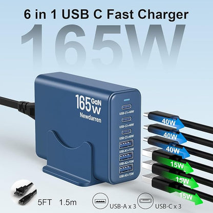 iPhone 17 Charger USB C Fast Charger Block, 3 Type C Port Each 40W Charger for iPhone 17 16 15 Pro Max Plus, Galaxy, iPad, Tablet, Total 165W GaN 6 Port Wall Charging Station Hub Adapter Deepblue
