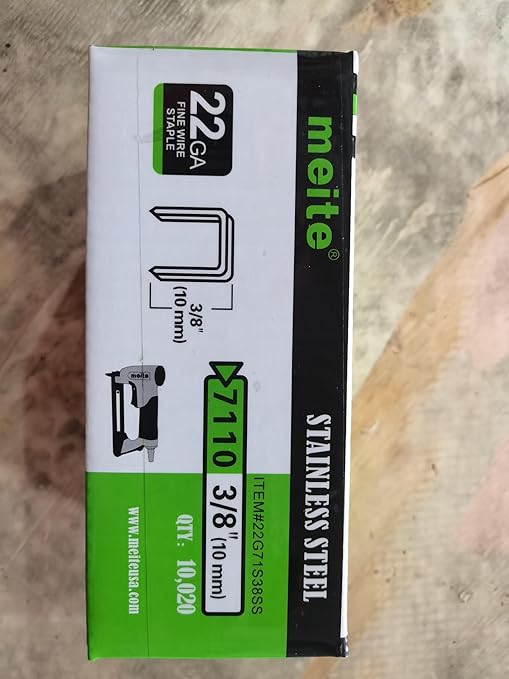 meite 71/10 22 Gauge 304 Stainless Steel Upholstery Staples, 3/8-Inch Crown with 3/8-Inch Leg Length, Heavy Duty Staples for Construction, Furniture, Crafts & DIY Projects (1 Box)