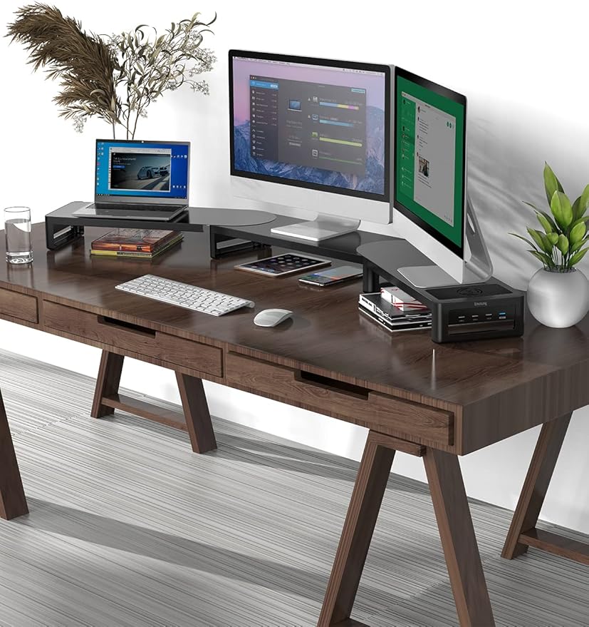 Monitor Stand with Wireless Charging and 4 USB Ports, Steel Monitor Stands for 3 Monitors, Metal Computer Stand Riser for Desk, Office, Laptop, PC up to 32 Inches (Black)