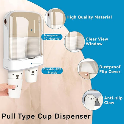 Cup Dispenser, Water Cooler Cup Holder for 5-7 oz Disposable Paper Cups and Plastic Cups, Wall Mount Water Cup Holder for Office Restaurant Home Gym, Pull Type Cup Dispenser - White, Double Cup