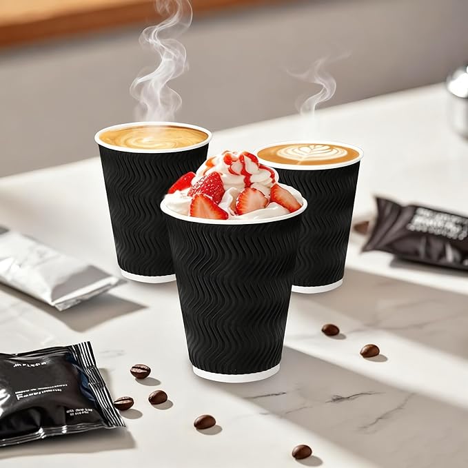 500 Pack 12oz Disposable Coffee Cups,Insulated Ripple Wall Paper Coffee Cups Bulk 12ounce,Hot & Cold Beverage Cup for Party,Home,Office,Cafe,Travel(Black)