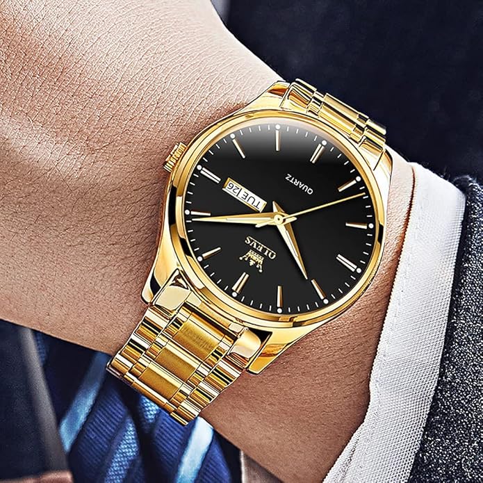 OLEVS Men's Luxury Watch Waterproof Luminous Easy Read Chronograph Watches Full Gold/White Dail/Black Face with Calendar Wristwatch