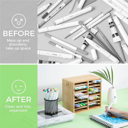 Ohuhu Bamboo Marker Organizer, Wooden Desktop Storage Hold 126 Markers, Pens, Pencils, Art Brushes Stationary Organizer Pencil Holder with 18 Compartments for Home, Classroom, Office Decor