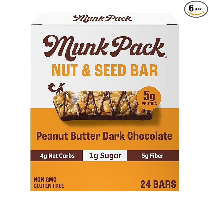 Munk Pack Peanut Butter Dark Chocolate Nut & Seed Snack Bars Stocking Stuffers | 5g Protein, 1g Sugar, 3g Net Carbs | Plant-Based, Low Sugar, Gluten-Free Snacks | 24 Count (4.92 oz)