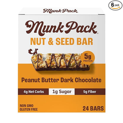 Munk Pack Peanut Butter Dark Chocolate Nut & Seed Snack Bars Stocking Stuffers | 5g Protein, 1g Sugar, 3g Net Carbs | Plant-Based, Low Sugar, Gluten-Free Snacks | 24 Count (4.92 oz)