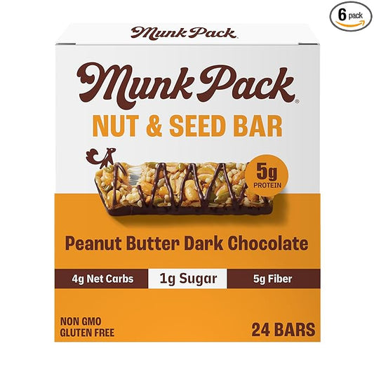 Munk Pack Peanut Butter Dark Chocolate Nut & Seed Snack Bars Stocking Stuffers | 5g Protein, 1g Sugar, 3g Net Carbs | Plant-Based, Low Sugar, Gluten-Free Snacks | 24 Count (4.92 oz)
