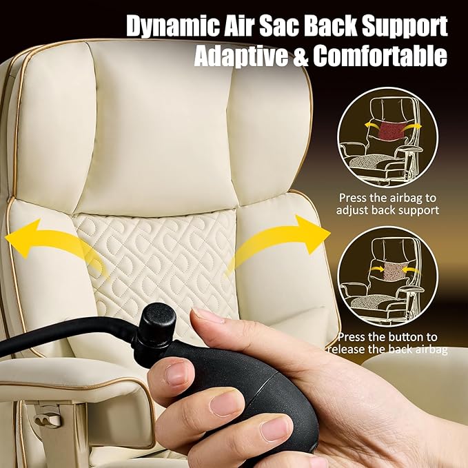 Ergonomic Executive Office Desk Chair with Adjustable Air Lumbar Support, Luxury Boss Chair with High-Back Leather Recliner, 3-Level Tilt Lock, 360° Swivel, Silent Wheels & Height Adjustment,Beige