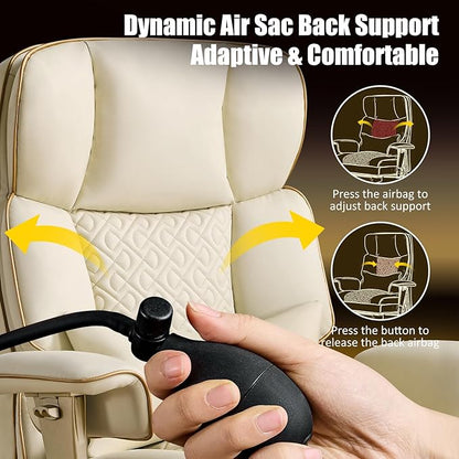 Ergonomic Executive Office Desk Chair with Adjustable Air Lumbar Support, Luxury Boss Chair with High-Back Leather Recliner, 3-Level Tilt Lock, 360° Swivel, Silent Wheels & Height Adjustment,Beige