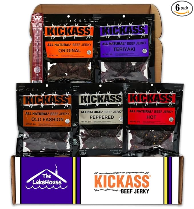 Kickass Beef Jerky Gift Baskets for Men - 5 Flavors in the Premium Beef Jerky Care Package - Father's Day Gifts for Men - Snack Packs - Gluten Free, Keto Friendly - 1 Bonus - (5 Pack)