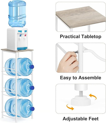 Water Bottle Storage Holder 5 Gallon Drink Dispenser Stand with Table 3-Tier Heavy Duty Water Cooler Jug Rack Water Bottle Organizer for Kitchen, Office, Living Room, Rustic Grey