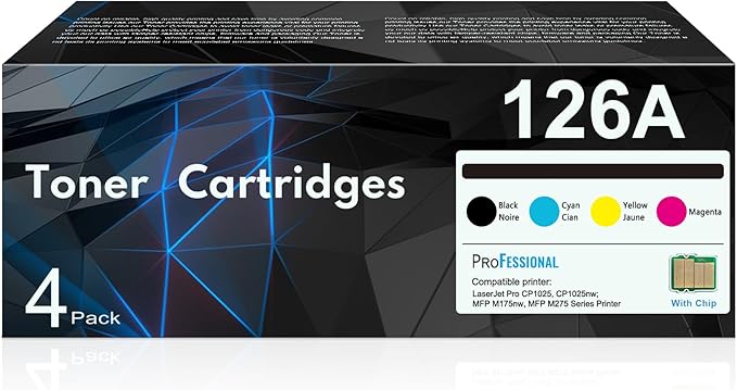 126A Toner Cartridges (4-Pack) | CE310A Black, CE311A Cyan, CE312A Yellow, CE313A Magenta Works with Laser Pro 100 color MFP M175 Series, Laser Pro CP1025 Series, TopShot Laser Pro M275 MFP Series