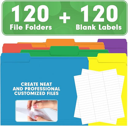 File Folder, HERKKA 120 Pack 1/3 Cut Tab File Folders, Colored File Folders Great for Organizing and Filing, Letter Size, Assorted 6 Colors